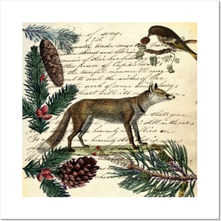 dark academia nordic scandinavian bird primitive christmas pine tree red fox Posters and Art